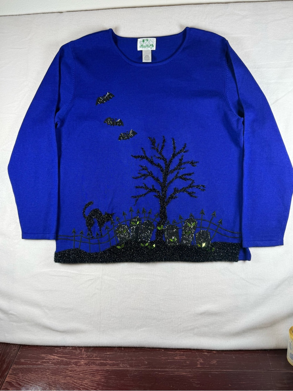 Quaker Factory Purple Sweater with Black Glittery Cats and Bats Size Large